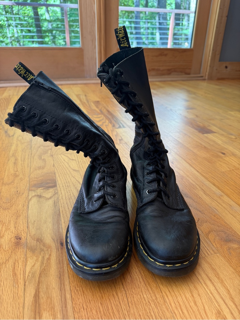 Dr. Martens Virginia Black 1B99 Leather 14-Eye Lace-Up with Yellow Stitching